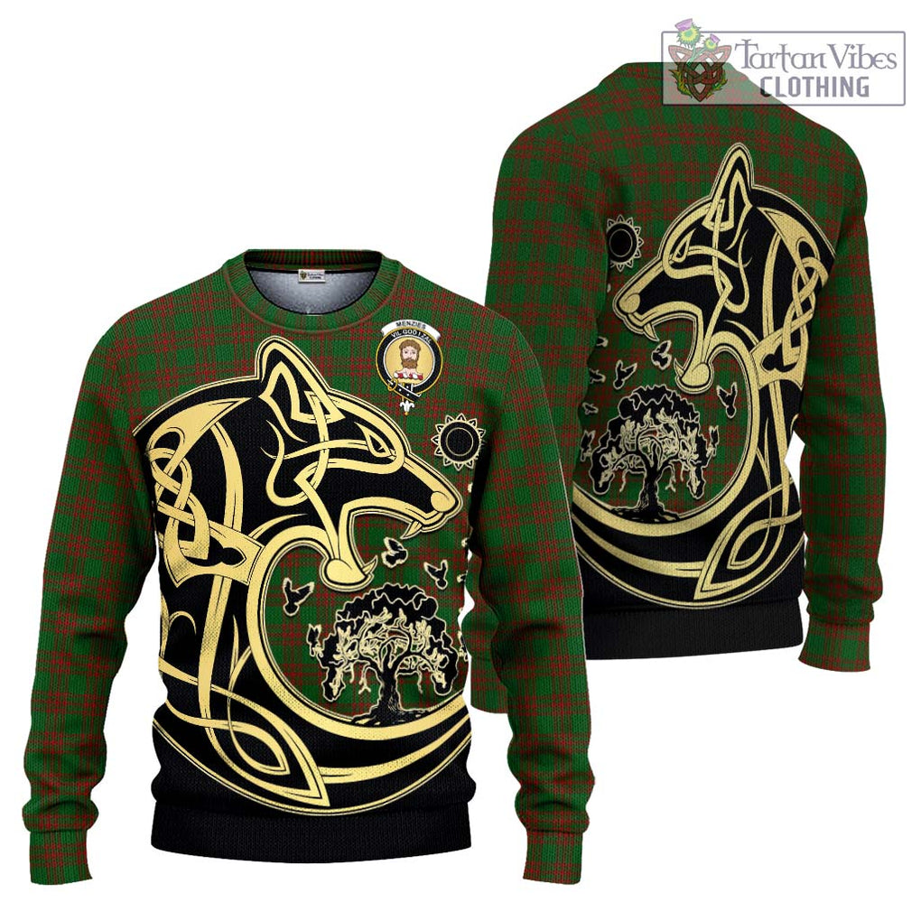 Menzies Tartan Ugly Sweater with Family Crest Celtic Wolf Style Unisex - Tartan Vibes Clothing