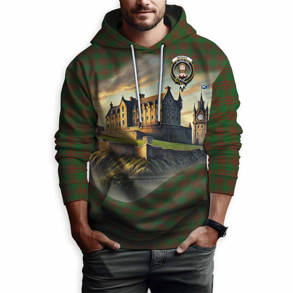 Menzies Tartan Family Crest Hoodie with Scottish Ancient Castle Style Pullover Hoodie - Tartan Vibes Clothing