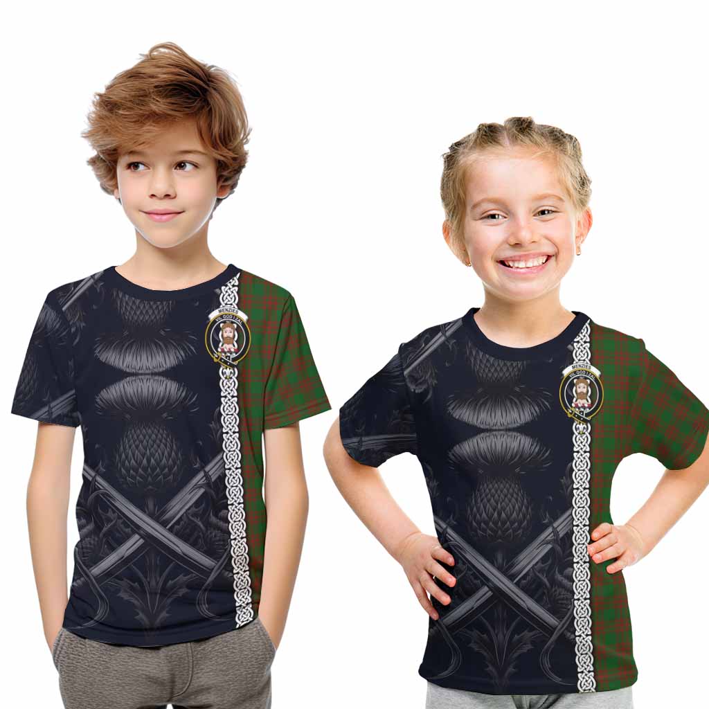 Tartan Vibes Clothing Menzies Tartan Kid T-Shirt with Family Crest Cross Sword Thistle Celtic Vibes