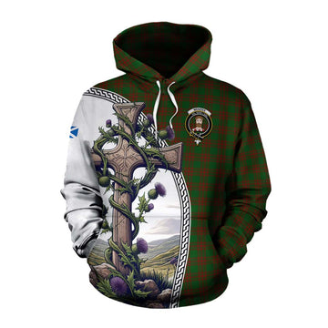 Tartan Vibes Clothing Menzies Tartan Cotton Hoodie with Family Crest and St. Andrew's Cross Accented by Thistle Vines