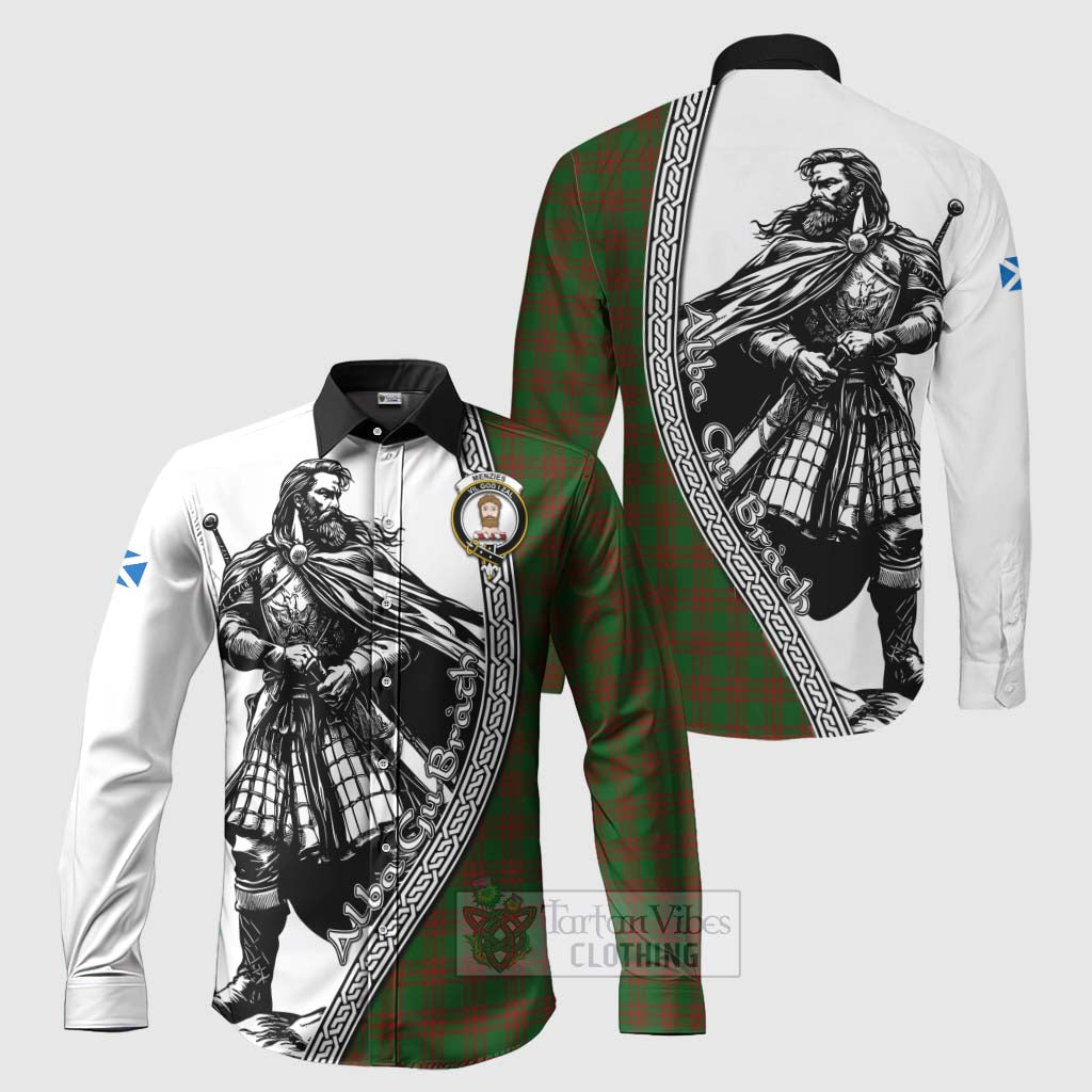Tartan Vibes Clothing Menzies Tartan Clan Crest Long Sleeve Button Shirt with Highlander Warrior Celtic Style