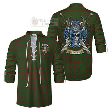 Menzies Tartan Ghillie Kilt Shirt with Family Crest Celtic Skull Style Men - Tartan Vibes Clothing