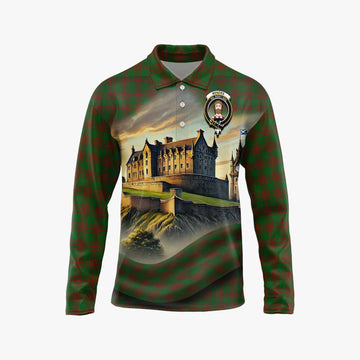 Menzies Tartan Family Crest Long Sleeve Polo Shirt with Scottish Ancient Castle Style Unisex - Tartan Vibes Clothing