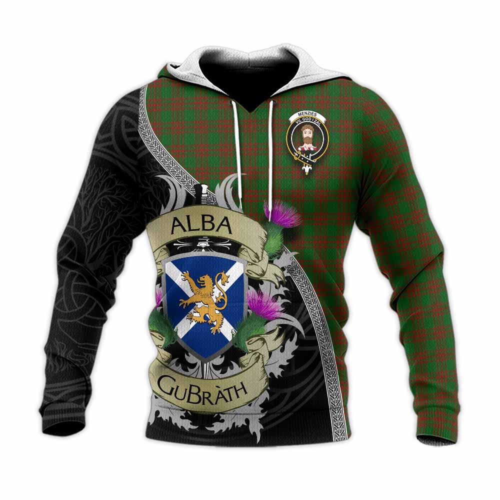 Tartan Vibes Clothing Menzies Tartan Family Crest Knitted Hoodie Lion Rampant Royal Thistle Shield Celtic Inspired