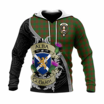 Menzies Tartan Family Crest Knitted Hoodie Lion Rampant Royal Thistle Shield Celtic Inspired