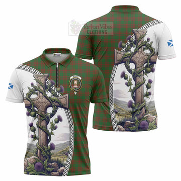 Tartan Vibes Clothing Menzies Tartan Zipper Polo Shirt with Family Crest and St. Andrew's Cross Accented by Thistle Vines