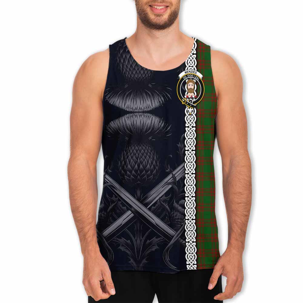 Tartan Vibes Clothing Menzies Tartan Men's Tank Top with Family Crest Cross Sword Thistle Celtic Vibes