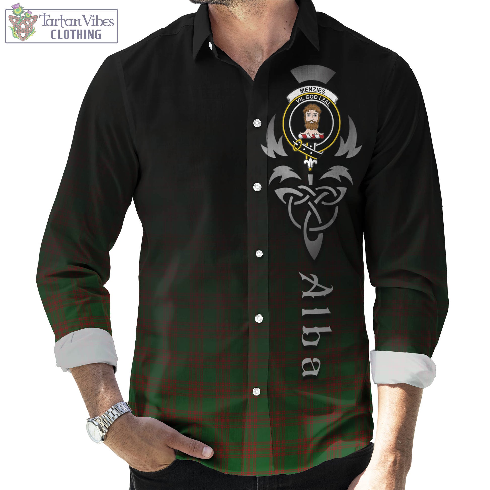 Menzies Tartan Long Sleeve Button Up Featuring Alba Gu Brath Family Crest Celtic Inspired Men's Shirt - Tartan Vibes Clothing