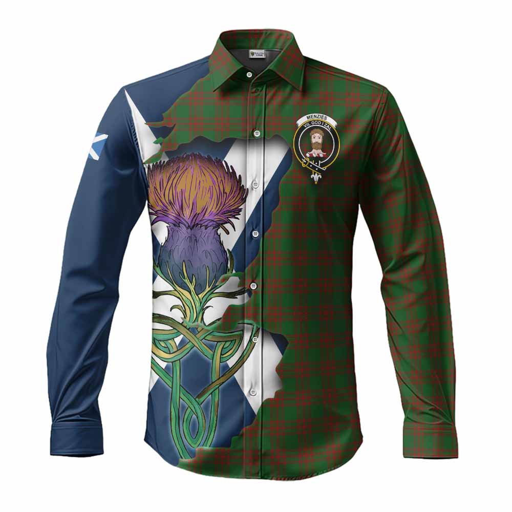 Menzies Tartan Family Crest Long Sleeve Button Shirt Scottish Thistle Celtic Inspired Men's Shirt S - Tartan Vibes Clothing