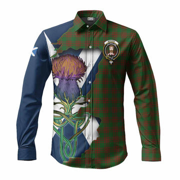 Menzies Tartan Family Crest Long Sleeve Button Shirt Scottish Thistle Celtic Inspired