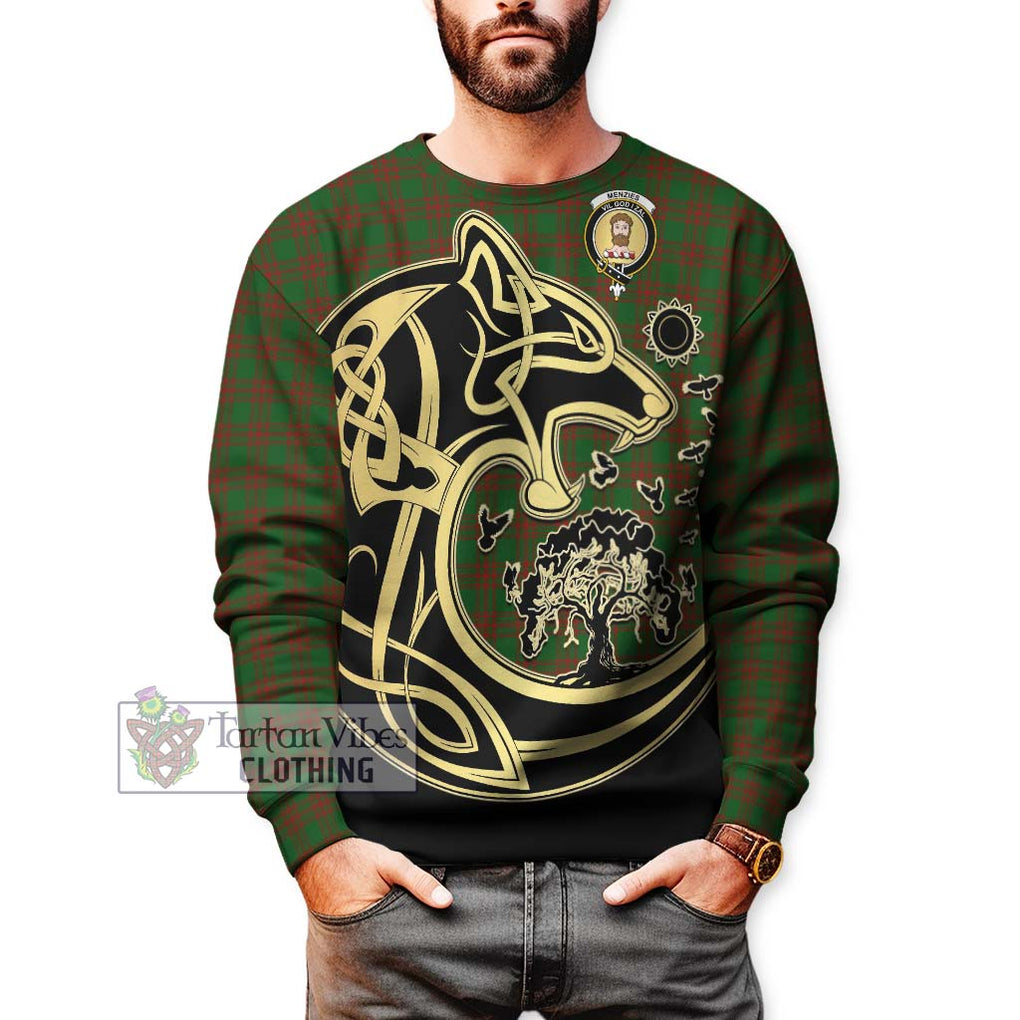 Menzies Tartan Sweatshirt with Family Crest Celtic Wolf Style Unisex - Tartan Vibes Clothing