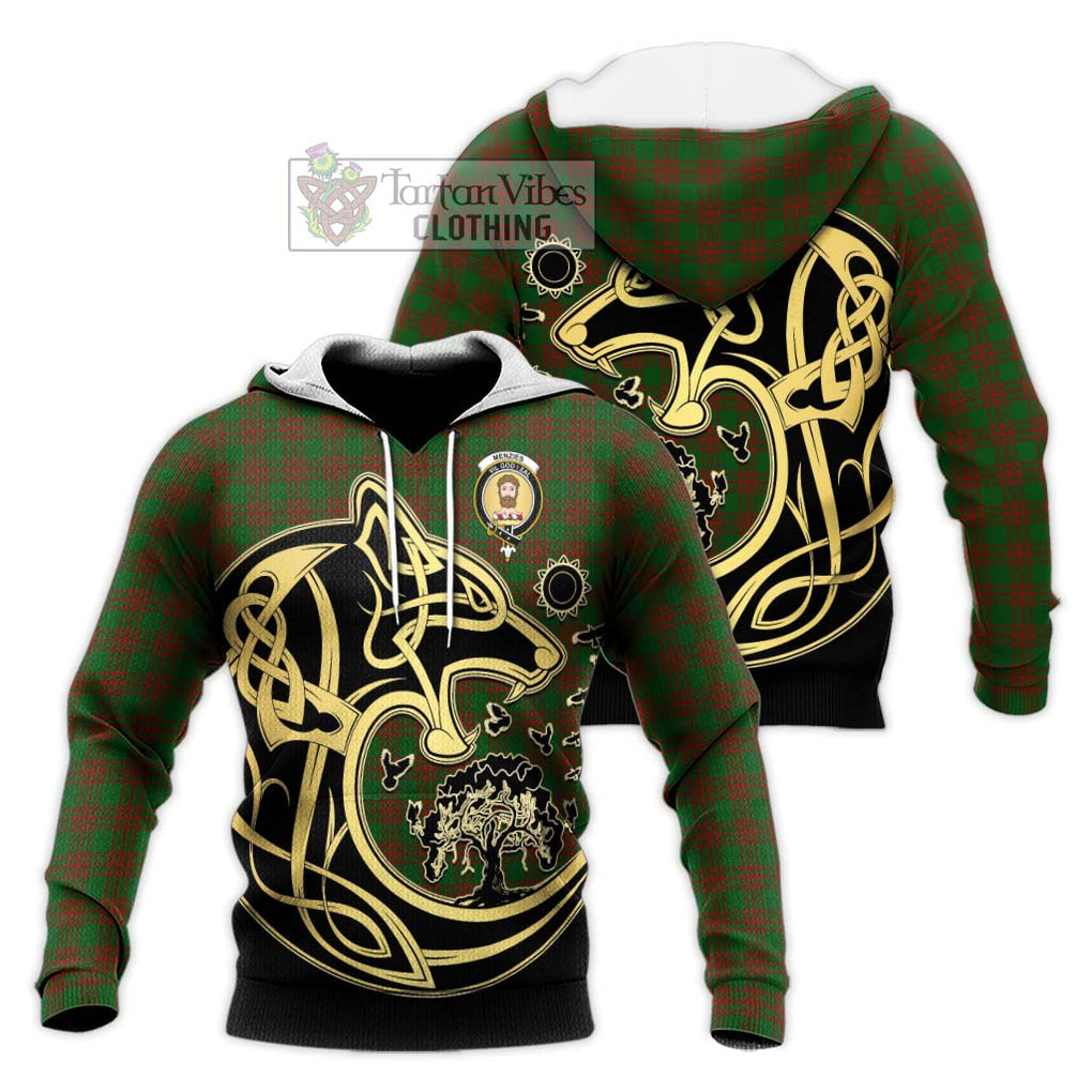 Menzies Tartan Knitted Hoodie with Family Crest Celtic Wolf Style Unisex Knitted Pullover Hoodie - Tartan Vibes Clothing