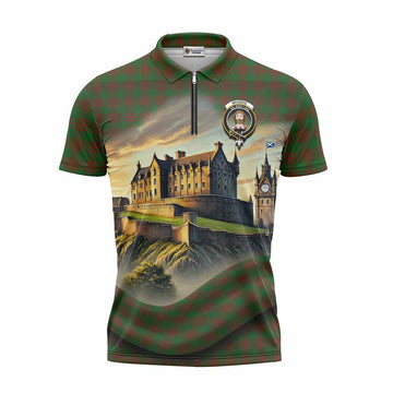 Menzies Tartan Family Crest Zipper Polo Shirt with Scottish Ancient Castle Style Unisex - Tartan Vibes Clothing