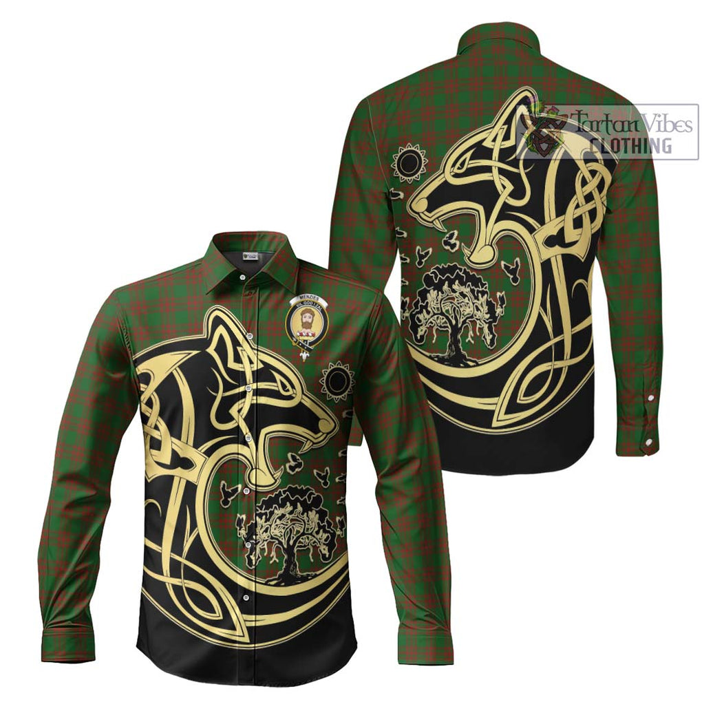 Menzies Tartan Long Sleeve Button Shirt with Family Crest Celtic Wolf Style Men's Shirt S - Tartan Vibes Clothing