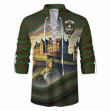Menzies Tartan Family Crest Ghillie Kilt Shirt with Scottish Ancient Castle Style Men - Tartan Vibes Clothing