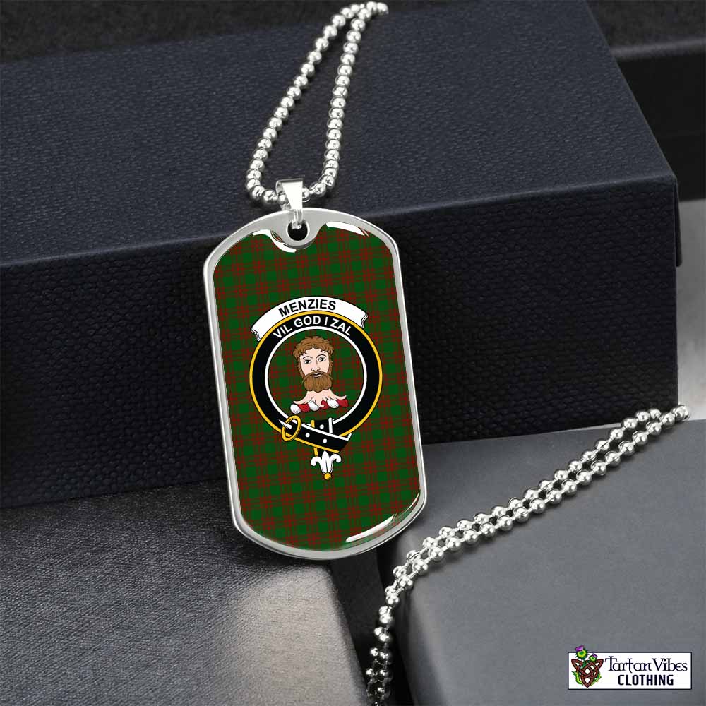 Menzies Tartan Dog Tag Necklace with Family Crest Silver No - Tartan Vibes Clothing