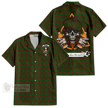 Menzies Tartan Hawaiian Shirt with Family Crest and Bearded Skull Holding Bottles of Whiskey Kid - Tartan Vibes Clothing