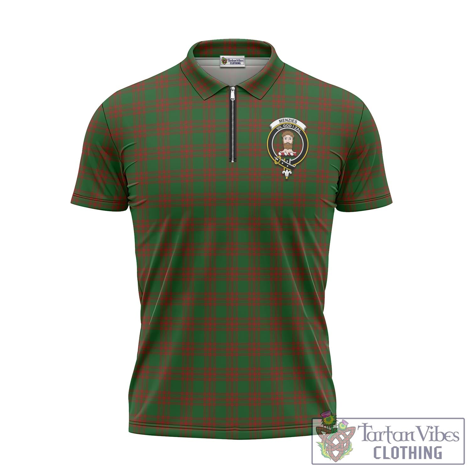 Menzies Tartan Zipper Polo Shirt with Family Crest Unisex - Tartan Vibes Clothing