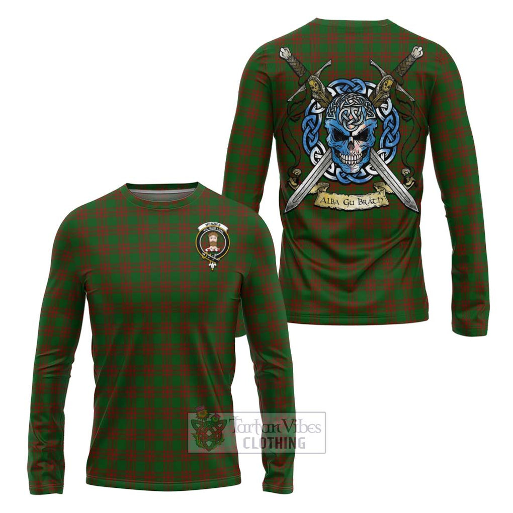 Menzies Tartan Long Sleeve T-Shirt with Family Crest Celtic Skull Style Unisex - Tartan Vibes Clothing