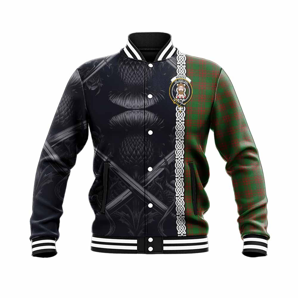 Menzies Tartan Baseball Jacket with Family Crest Cross Sword Thistle Celtic Vibes Unisex - Tartan Vibes Clothing