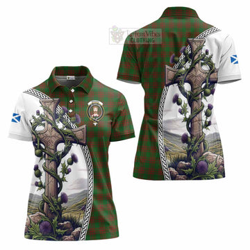 Tartan Vibes Clothing Menzies Tartan Women's Polo Shirt with Family Crest and St. Andrew's Cross Accented by Thistle Vines