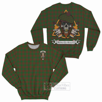Menzies Tartan Sweatshirt with Family Crest and Bearded Skull Holding Bottles of Whiskey