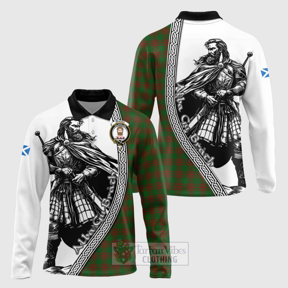 Menzies Tartan Clan Crest Long Sleeve Polo Shirt with Highlander Warrior Celtic Style Unisex - Tartan Vibes Clothing