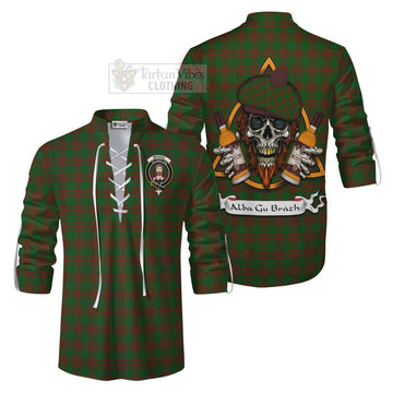 Menzies Tartan Ghillie Kilt Shirt with Family Crest and Bearded Skull Holding Bottles of Whiskey Men - Tartan Vibes Clothing