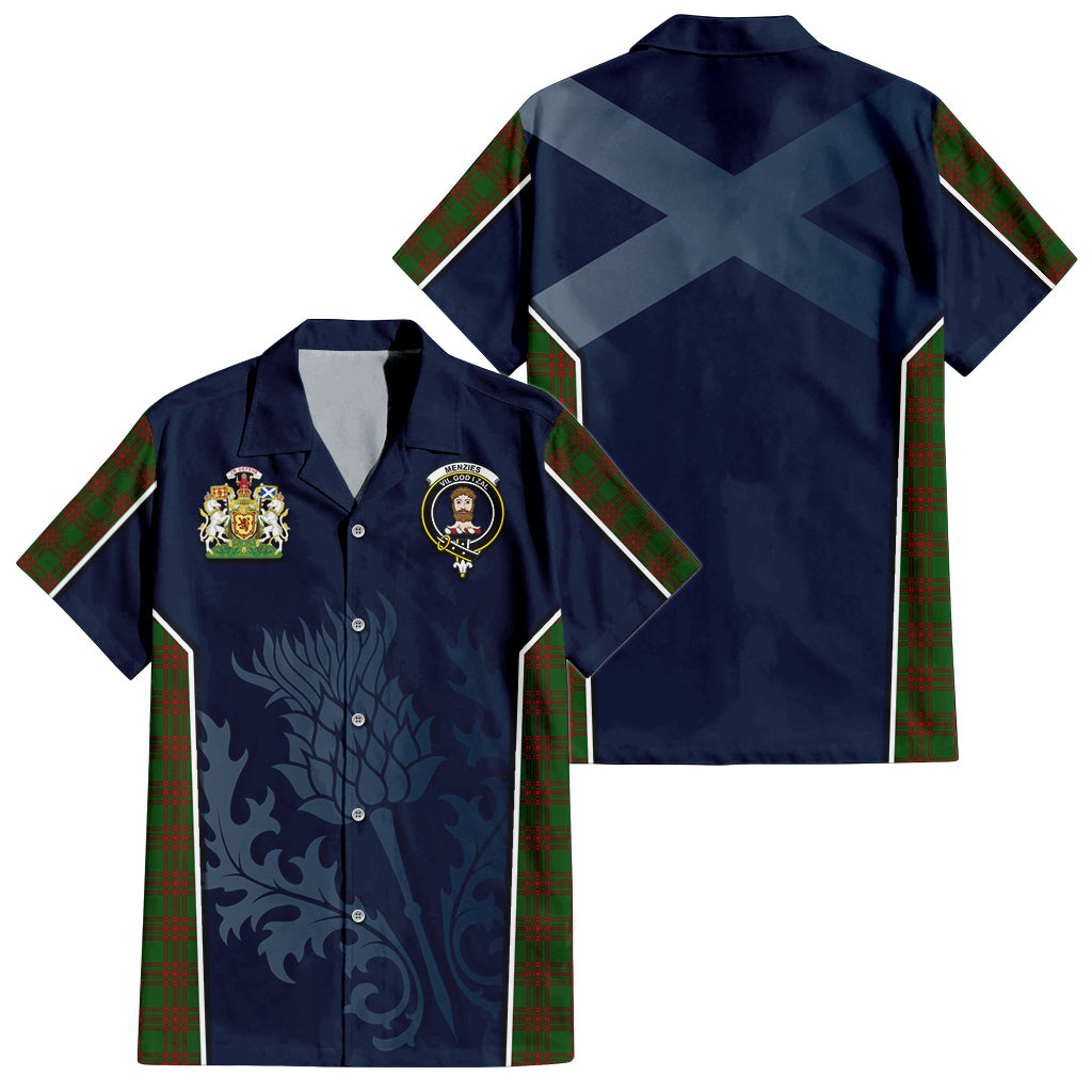 Tartan Vibes Clothing Menzies Tartan Short Sleeve Button Up Shirt with Family Crest and Scottish Thistle Vibes Sport Style