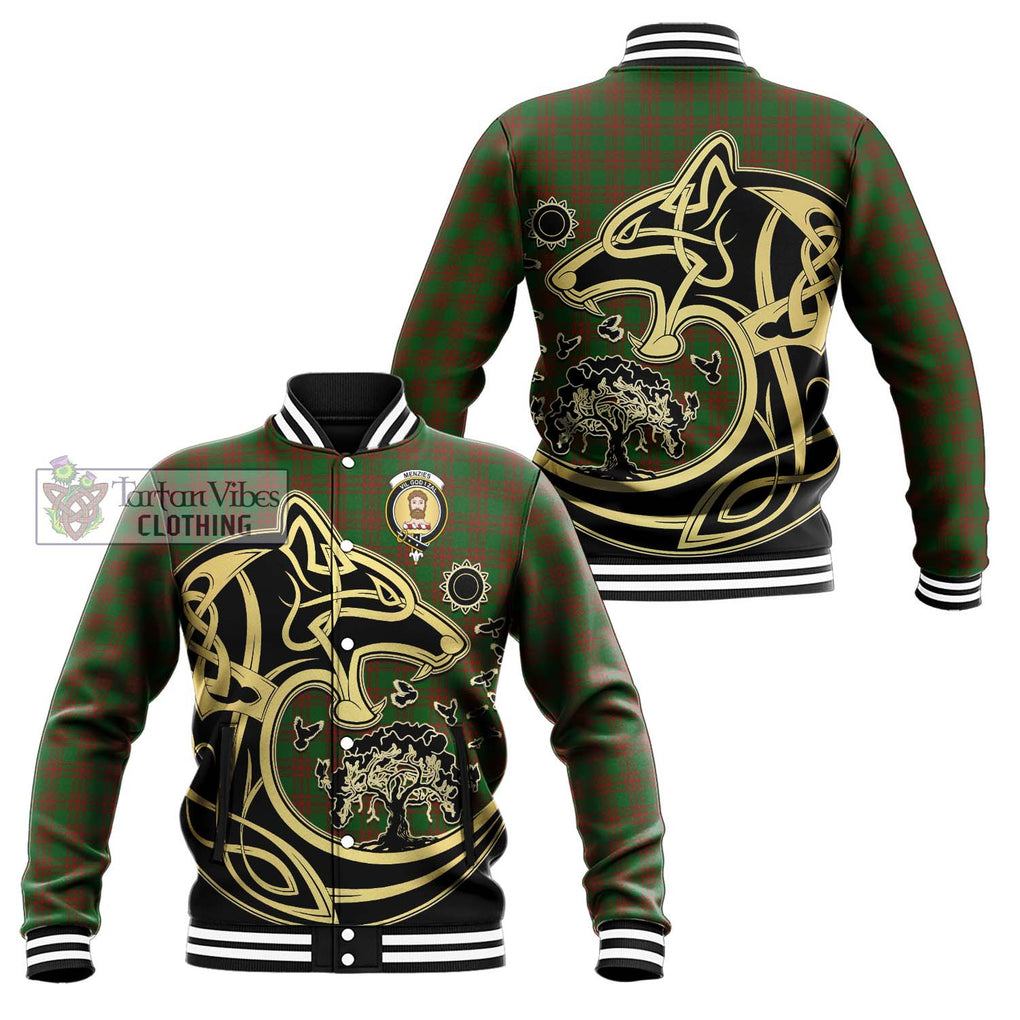 Menzies Tartan Baseball Jacket with Family Crest Celtic Wolf Style Unisex - Tartan Vibes Clothing