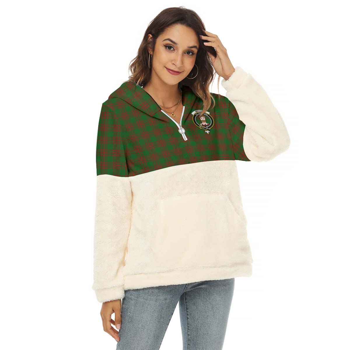 Menzies Tartan Women's Borg Fleece Hoodie With Half Zip with Family Crest Female - Tartan Vibes Clothing