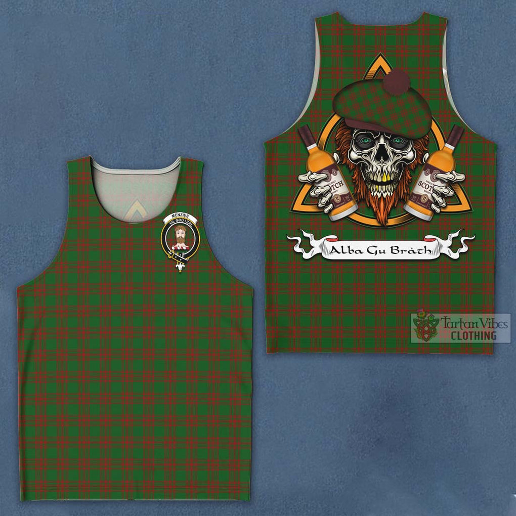 Tartan Vibes Clothing Menzies Tartan Men's Tank Top with Family Crest and Bearded Skull Holding Bottles of Whiskey