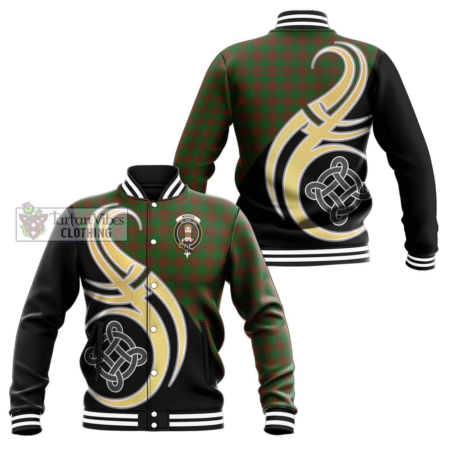 Menzies Tartan Baseball Jacket with Family Crest and Celtic Symbol Style Unisex - Tartan Vibes Clothing