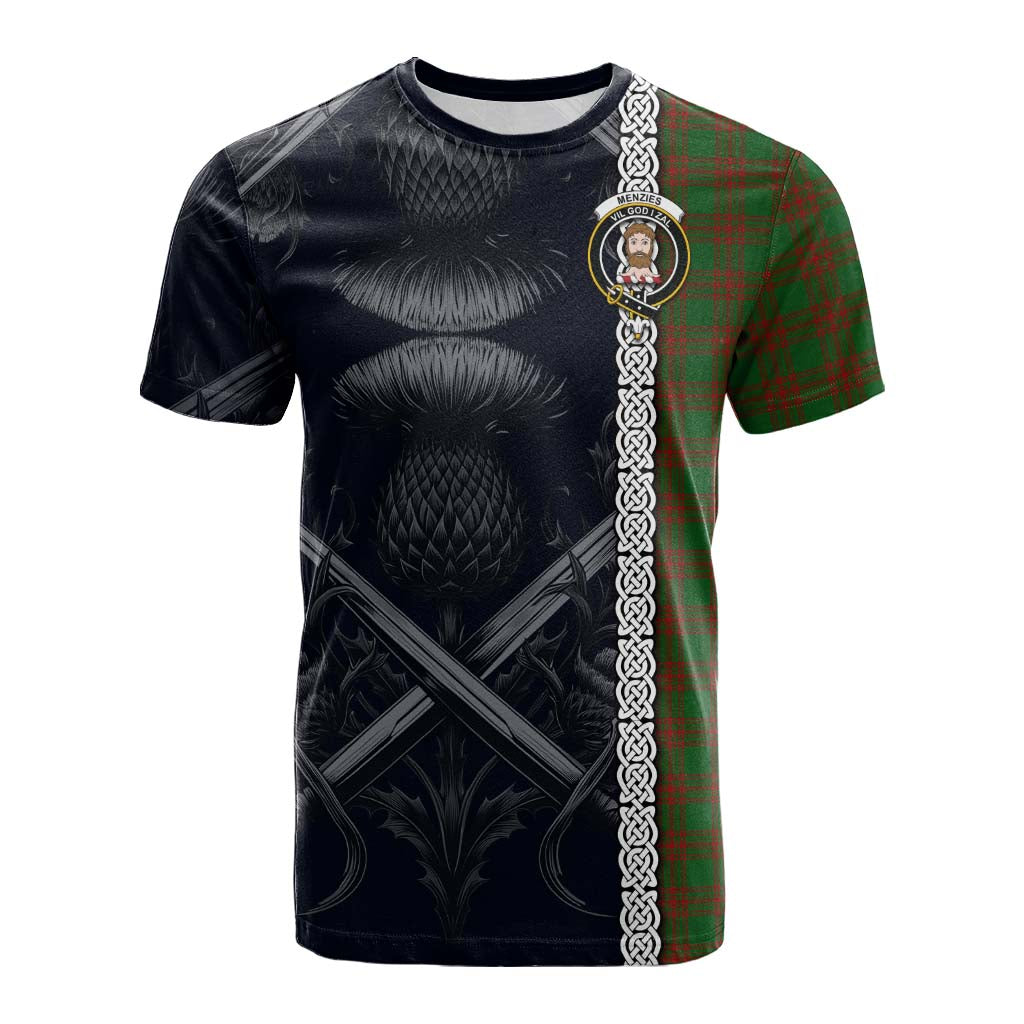 Tartan Vibes Clothing Menzies Tartan Cotton T-shirt with Family Crest Cross Sword Thistle Celtic Vibes