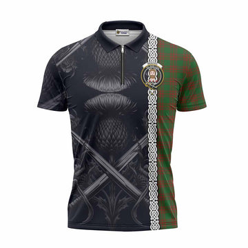 Menzies Tartan Zipper Polo Shirt with Family Crest Cross Sword Thistle Celtic Vibes Unisex - Tartan Vibes Clothing