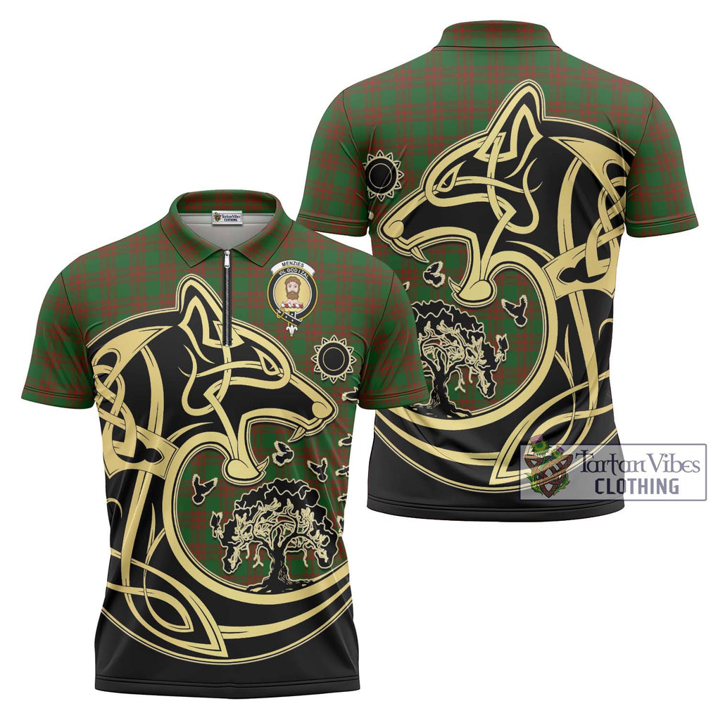 Menzies Tartan Zipper Polo Shirt with Family Crest Celtic Wolf Style Unisex - Tartan Vibes Clothing