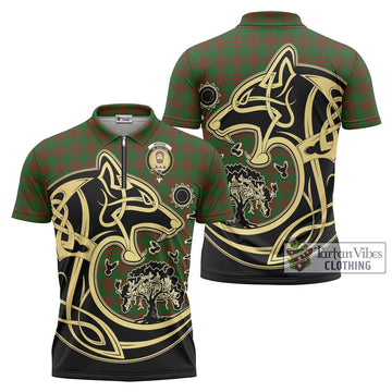 Menzies Tartan Zipper Polo Shirt with Family Crest Celtic Wolf Style Unisex - Tartan Vibes Clothing