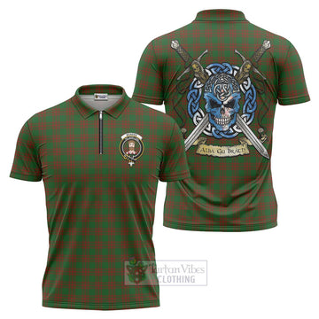 Menzies Tartan Zipper Polo Shirt with Family Crest Celtic Skull Style Unisex - Tartan Vibes Clothing