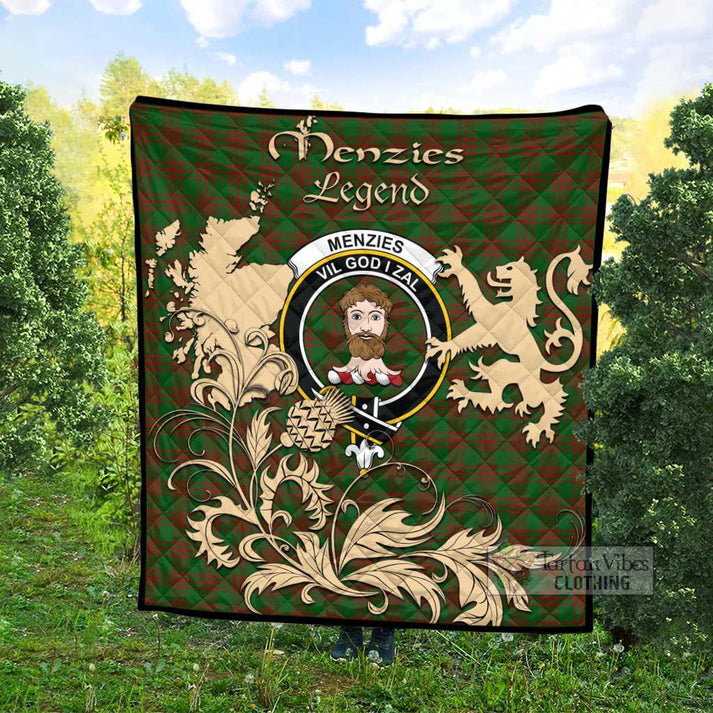Menzies Tartan Quilt with Family Crest and Scottish Symbol