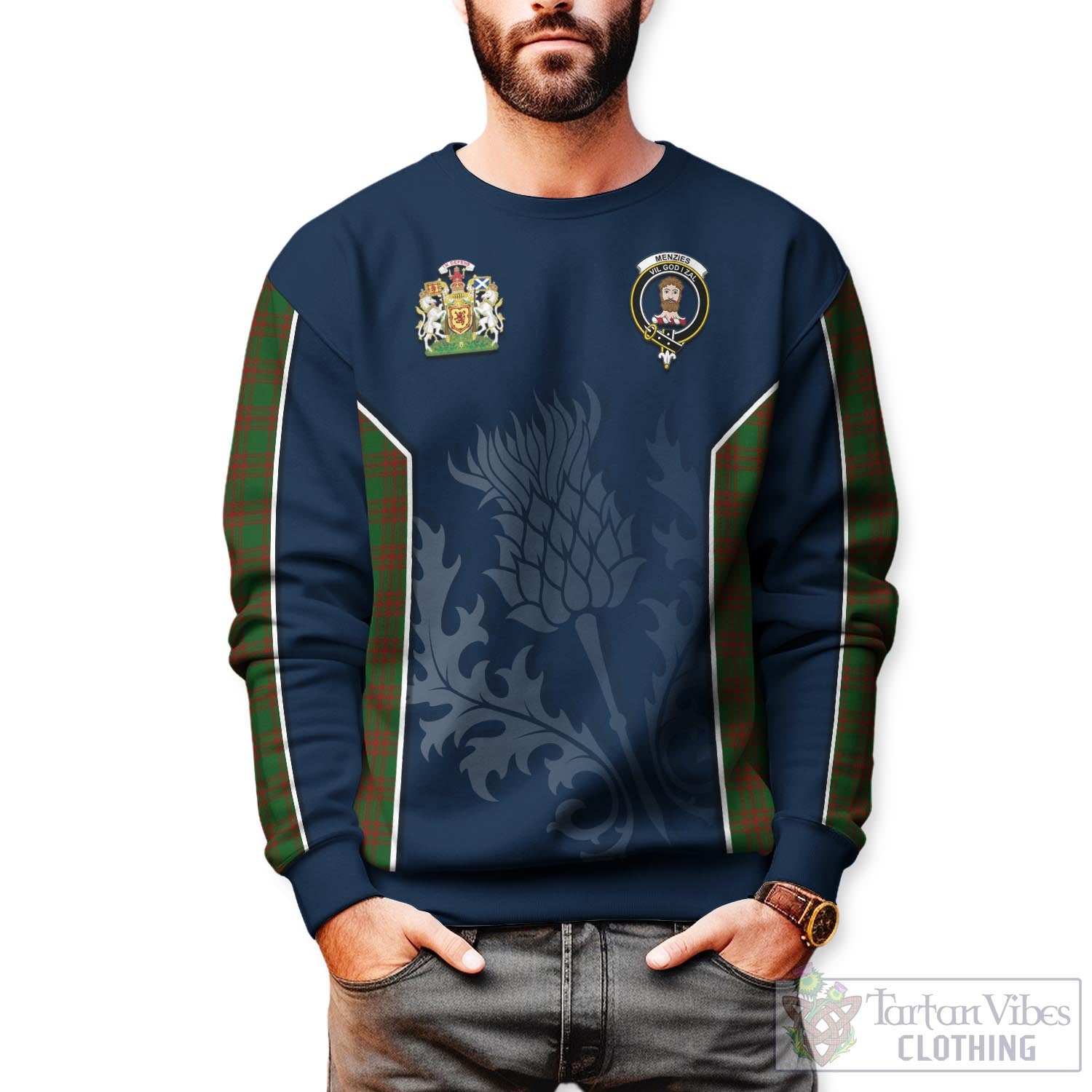 Menzies Tartan Sweatshirt with Family Crest and Scottish Thistle Vibes Sport Style Unisex - Tartan Vibes Clothing