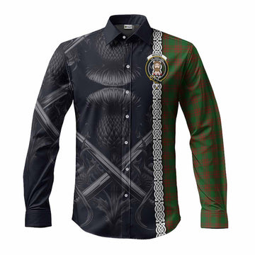 Menzies Tartan Long Sleeve Button Shirt with Family Crest Cross Sword Thistle Celtic Vibes
