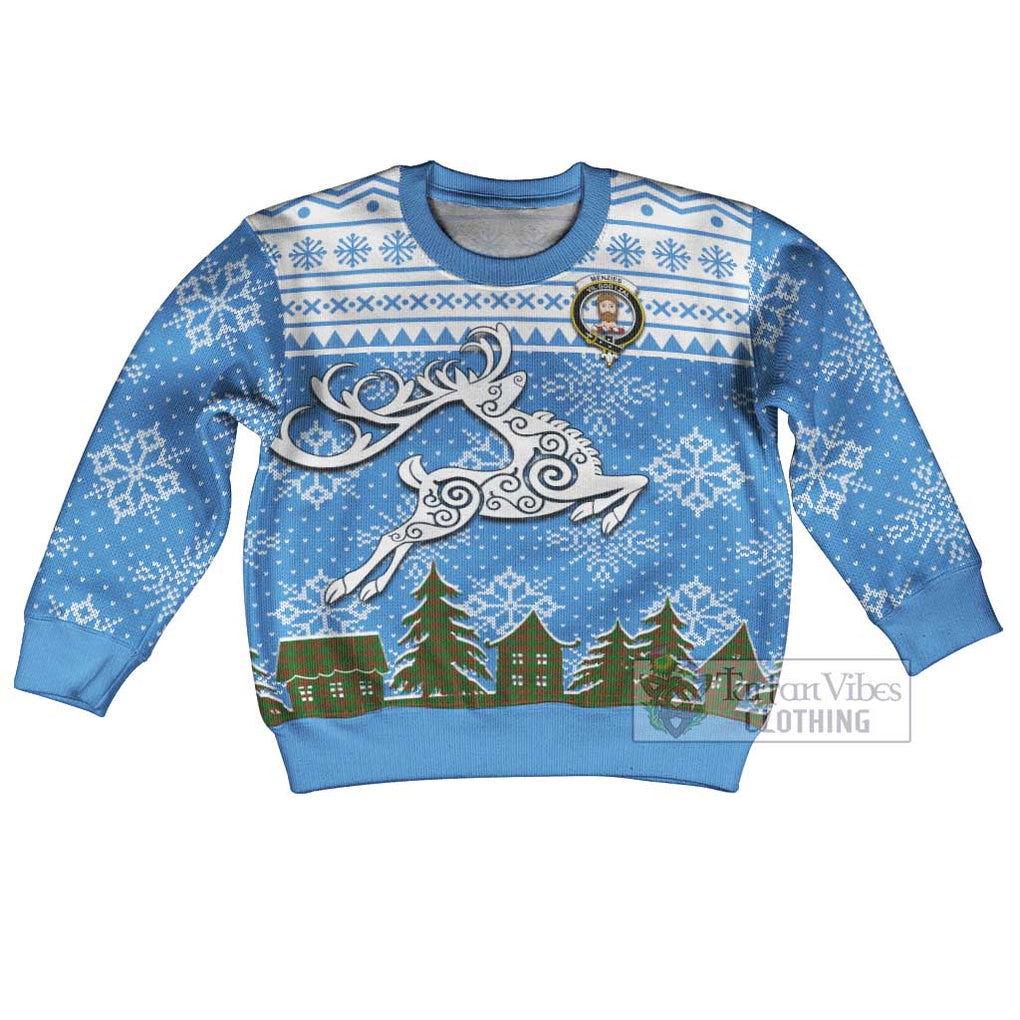 Menzies Clan Christmas Kid Ugly Sweater with Tartan and Celtic Reindeer Style Kid - Tartan Vibes Clothing