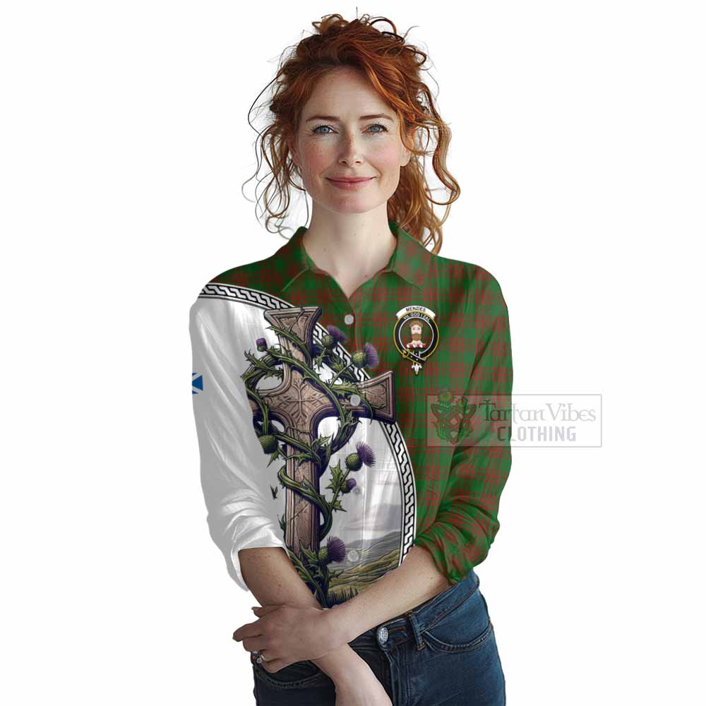 Tartan Vibes Clothing Menzies Tartan Women's Casual Shirt with Family Crest and St. Andrew's Cross Accented by Thistle Vines