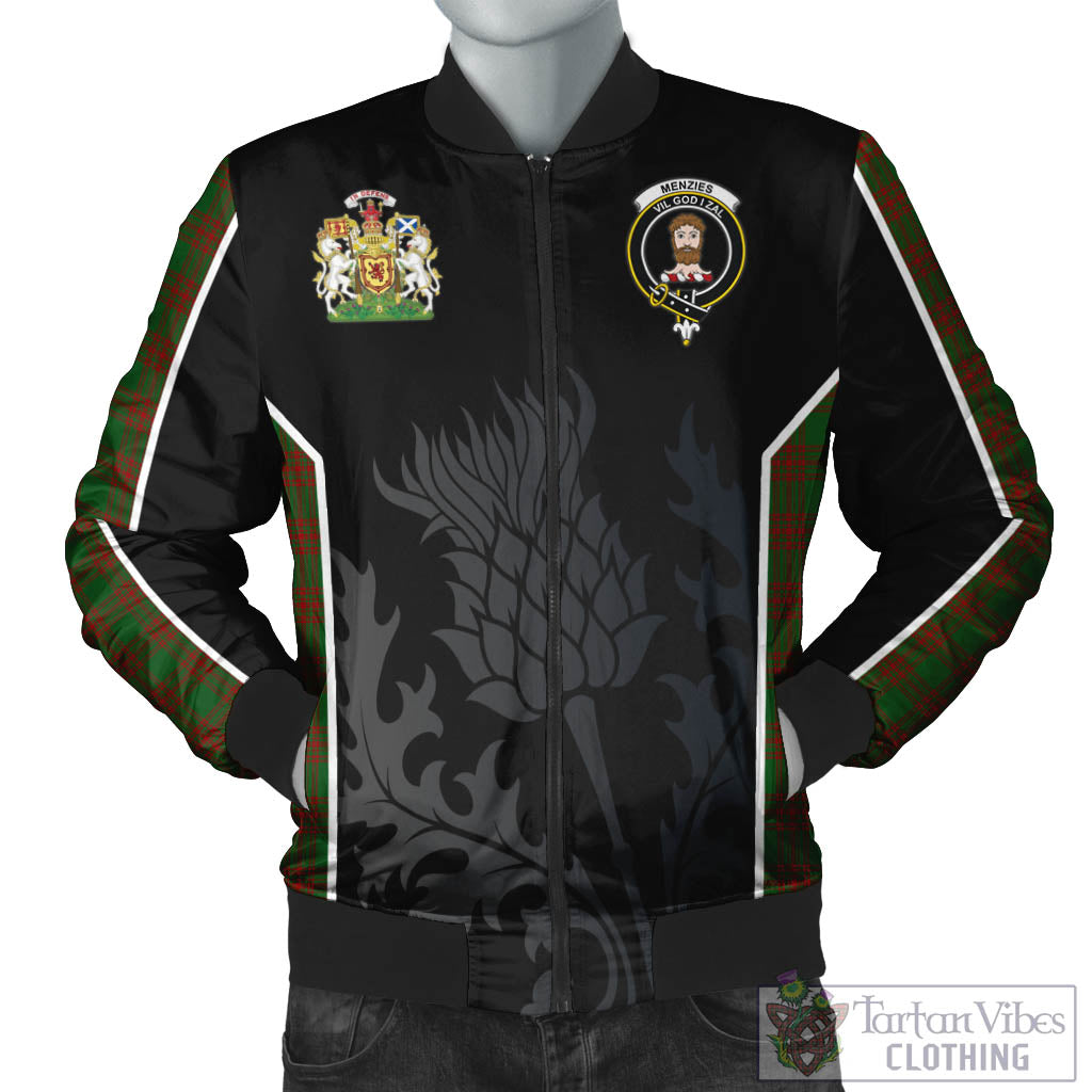 Tartan Vibes Clothing Menzies Tartan Bomber Jacket with Family Crest and Scottish Thistle Vibes Sport Style