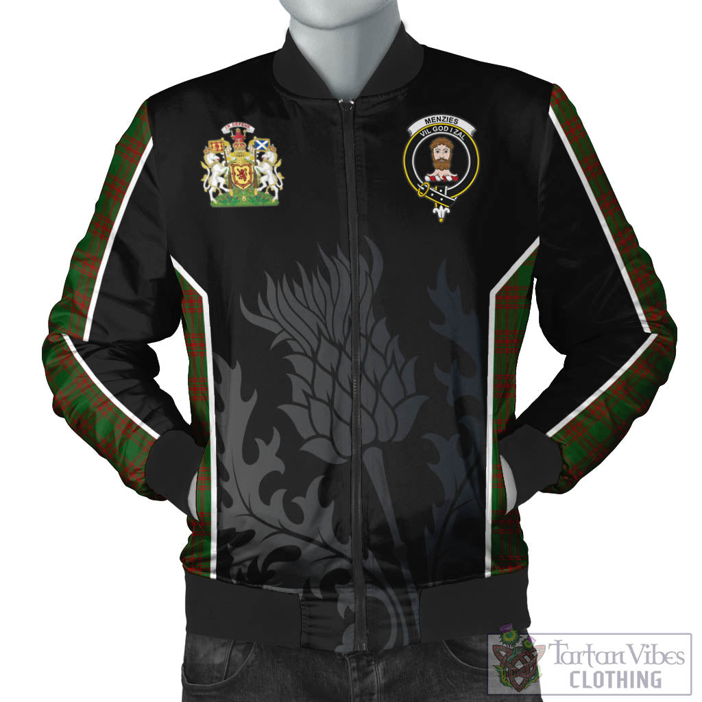 Menzies Tartan Bomber Jacket with Family Crest and Scottish Thistle Vibes Sport Style Unisex Black - Tartan Vibes Clothing