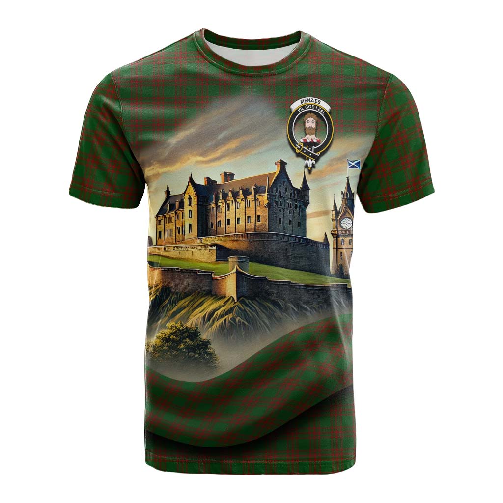 Menzies Tartan Family Crest Cotton T-shirt with Scottish Ancient Castle Style Kid's Shirt - Tartan Vibes Clothing