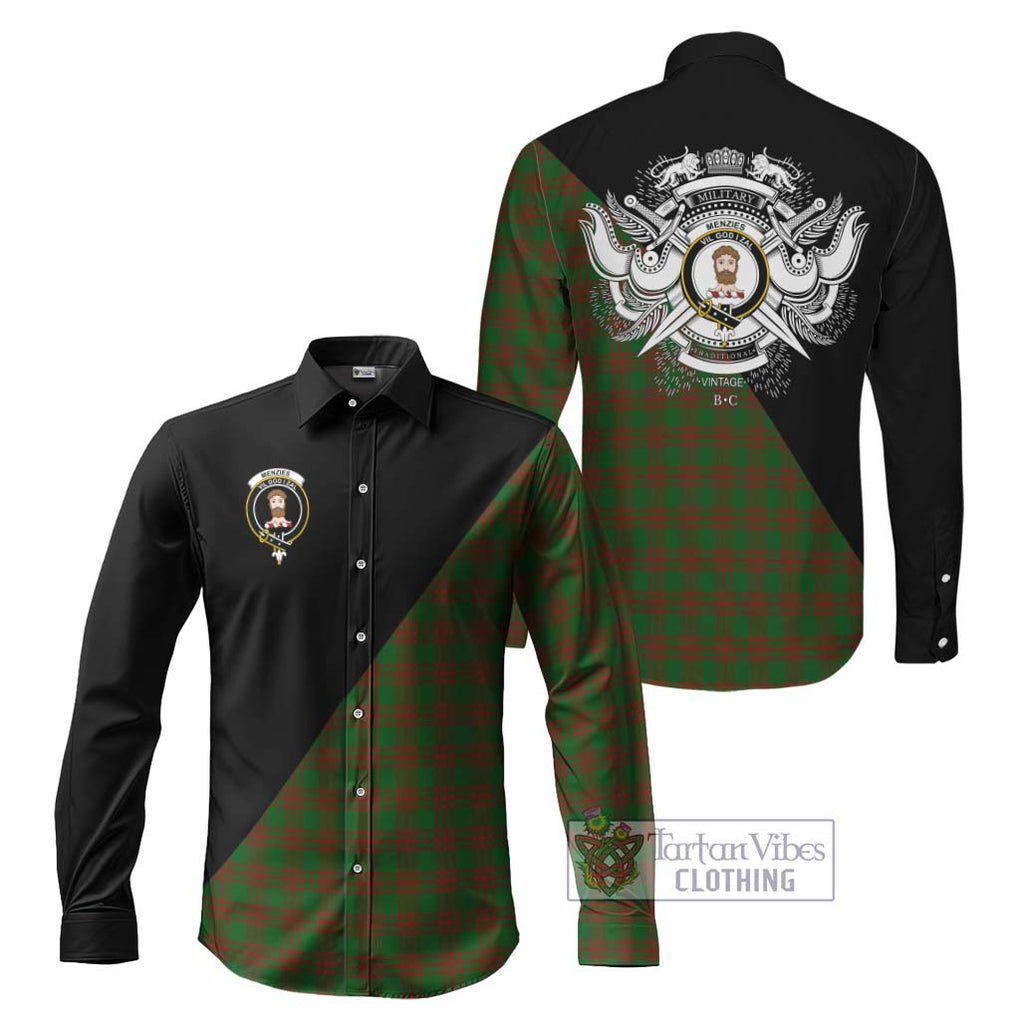 Menzies Tartan Long Sleeve Button Shirt with Family Crest and Military Logo Style Men's Shirt S - Tartanvibesclothing Shop