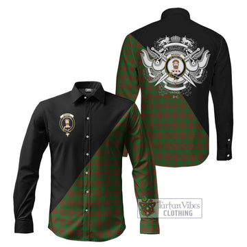 Menzies Tartan Long Sleeve Button Shirt with Family Crest and Military Logo Style Men's Shirt S - Tartanvibesclothing Shop