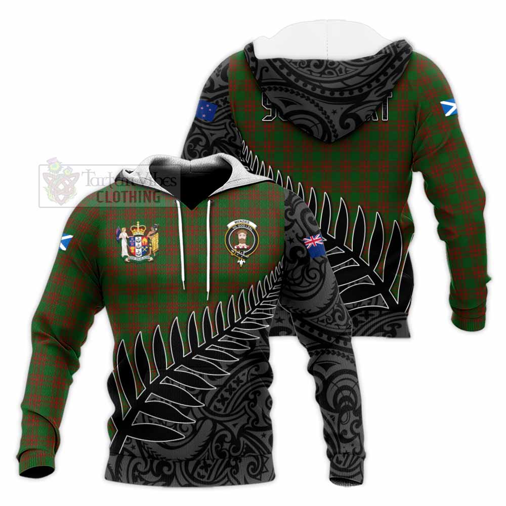 Tartan Vibes Clothing Menzies Crest Tartan Knitted Hoodie with New Zealand Silver Fern Half Style