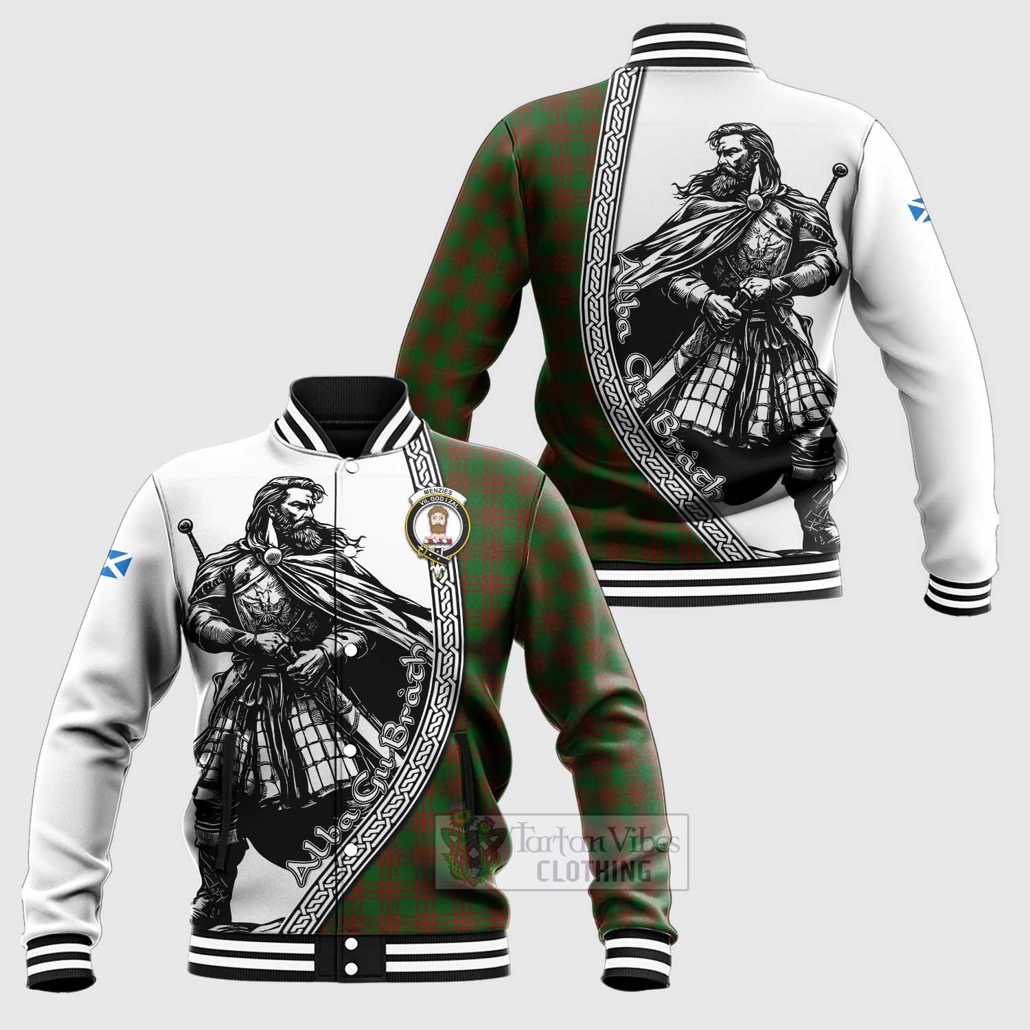 Menzies Tartan Clan Crest Baseball Jacket with Highlander Warrior Celtic Style Unisex - Tartan Vibes Clothing